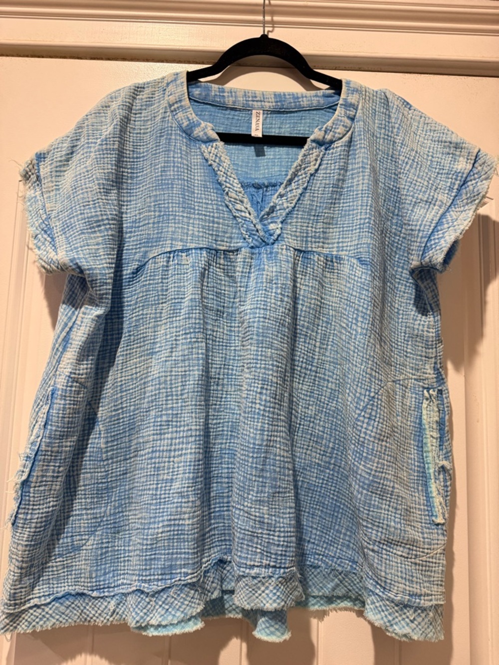 Zenana Outfitters Light Blue Gauze V-Neck Tunic with Braided Trim